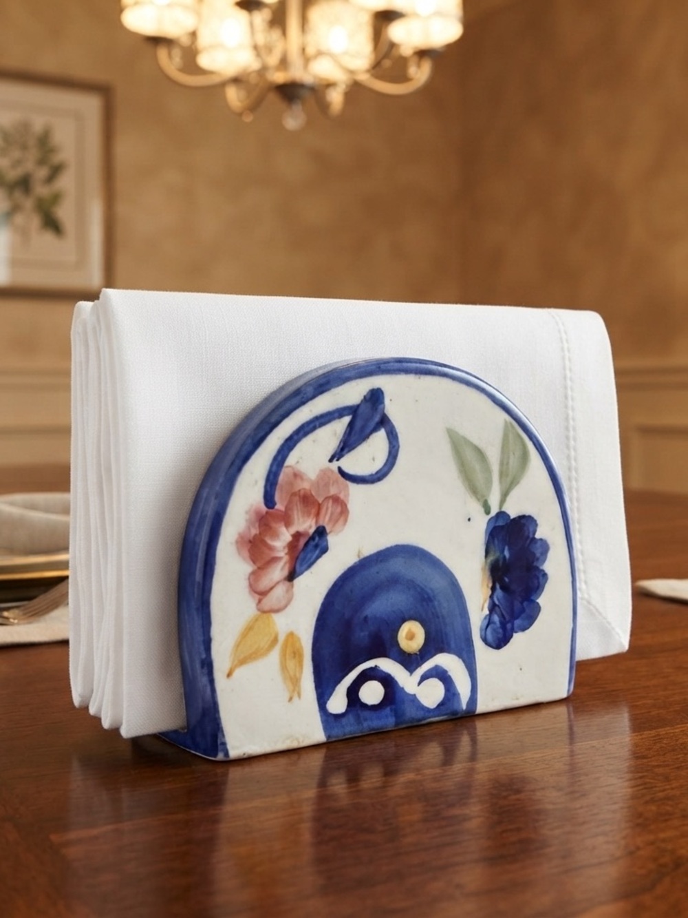 Artisan Ceramic Napkin Holder with Floral Design